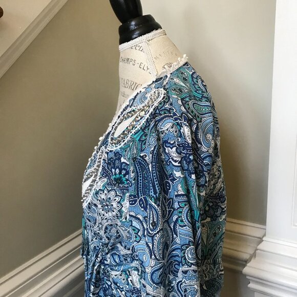 Miss June Kiara Mini Dress Womens Small Medium Blue White Paisley V-Neck Tassels - Picture 9 of 11